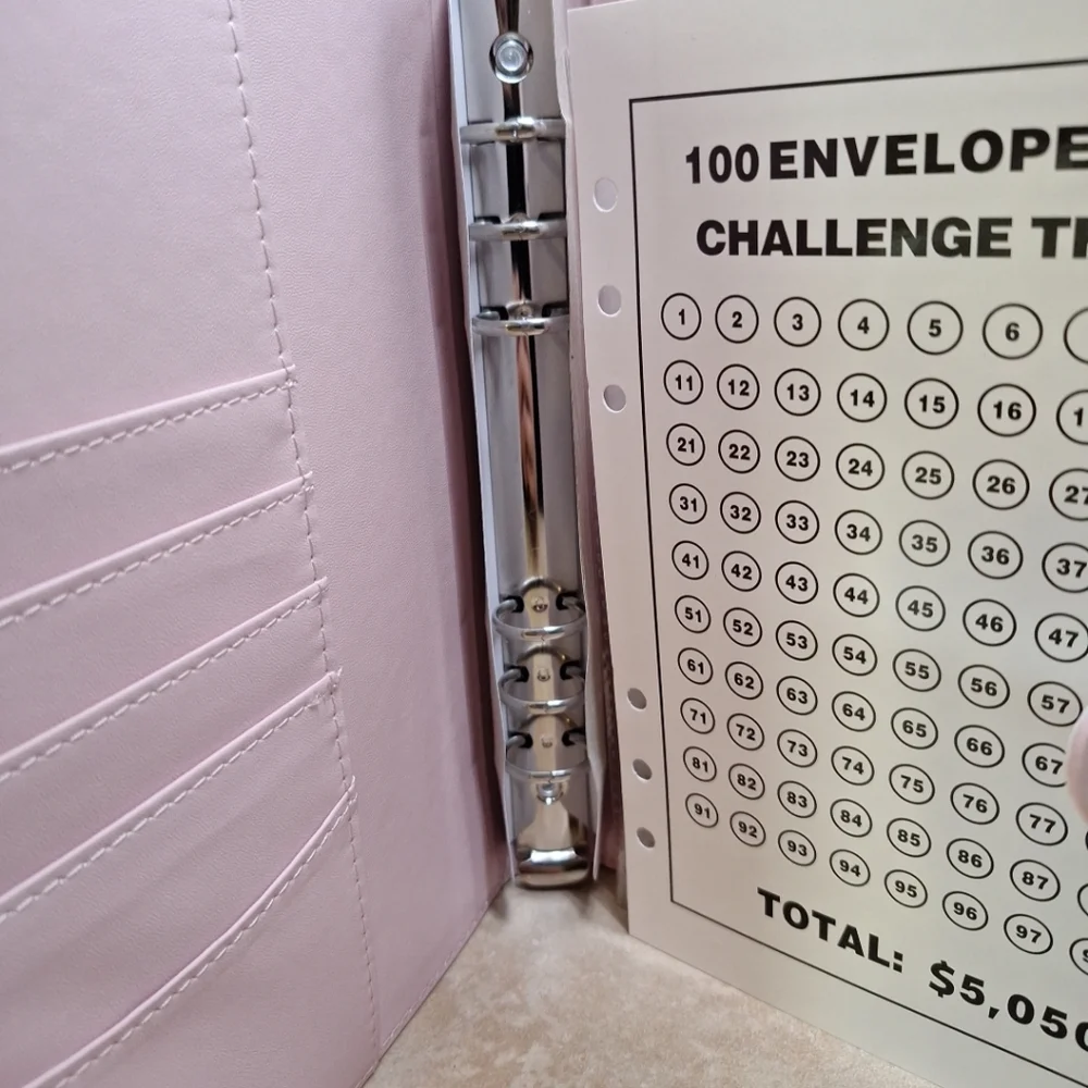 100 Envelope Saving Challenge Pink 6-ring Binder Clear Pockets Tracker Page 9x7